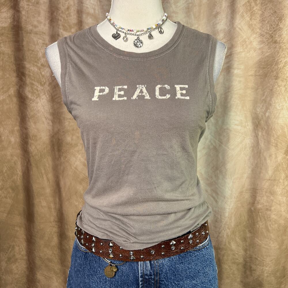 Vintage Y2K Peace Tank Top Sleeveless T-Shirt Gray Indie Sleaze Military Boho